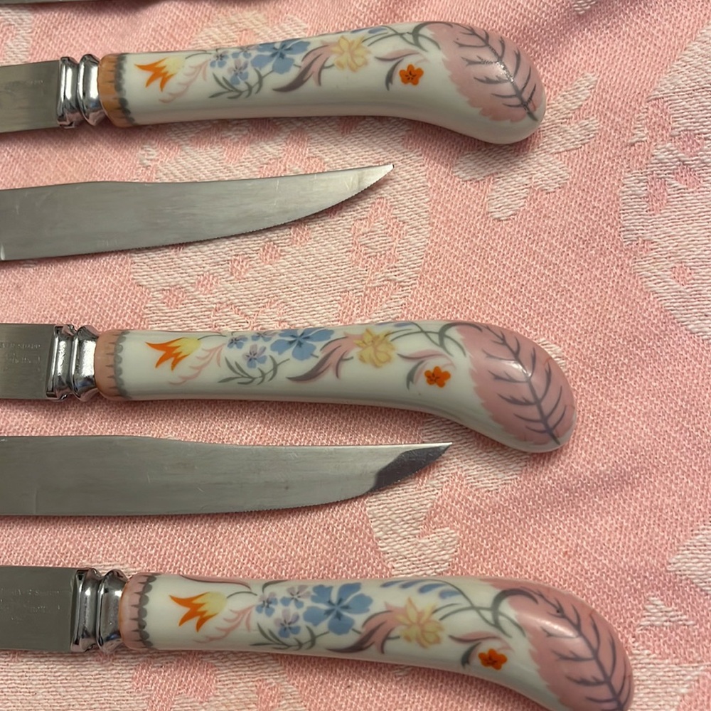 Rare Set Regent Sheffield Forever Sharp Steak Knives Porcelain Handles Set Of 6